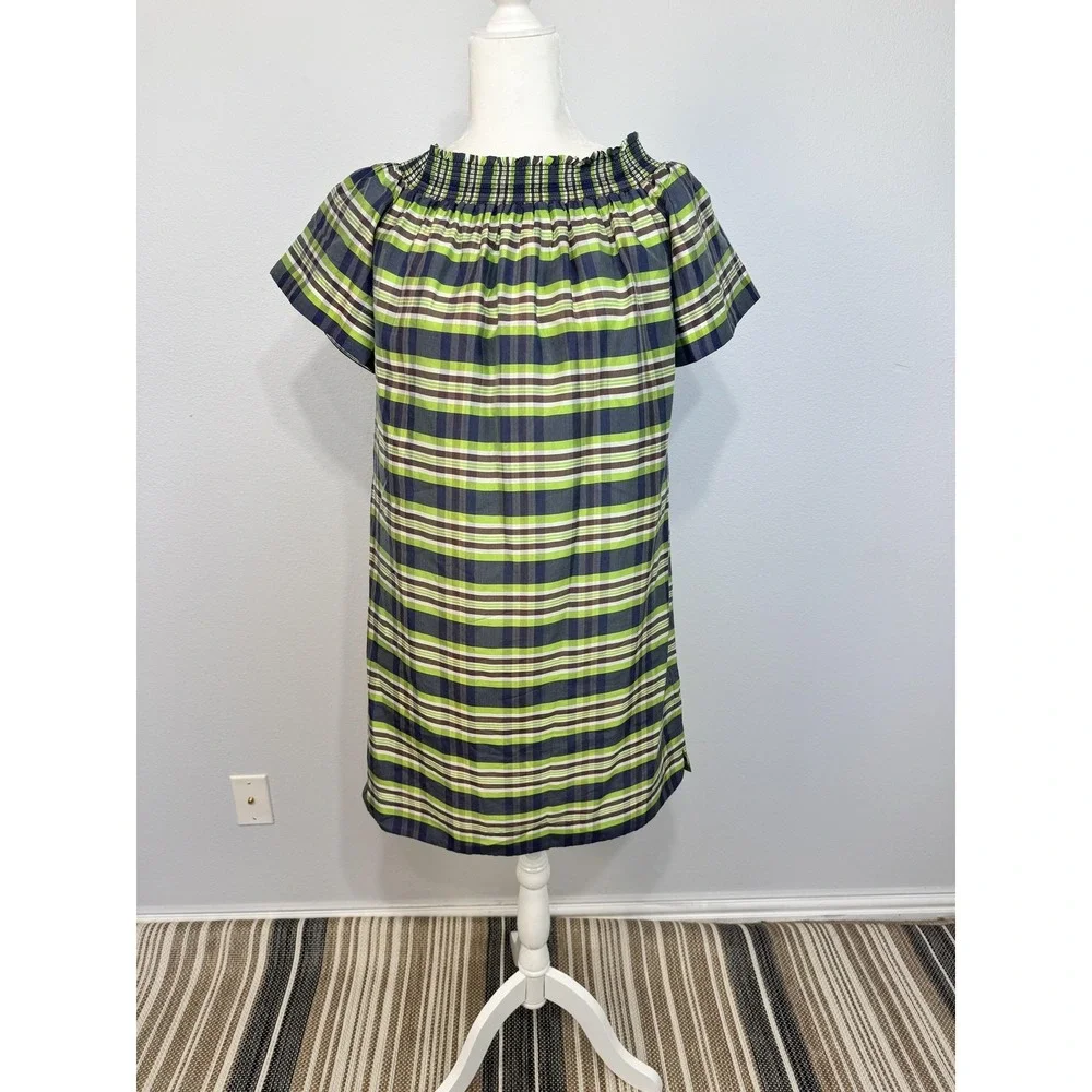 J.Crew Dress Women's Size 2 Green Plaid Off Shoulder Yarn Dyed Silk Shift - Picture 3 of 16